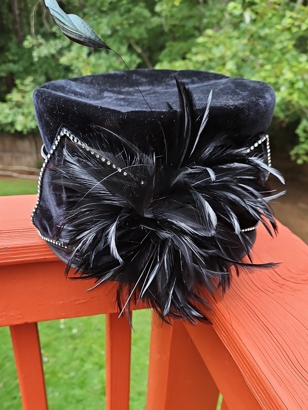 Elegant Black Velvet Feather Pillbox Hat with Rhinestone Trim